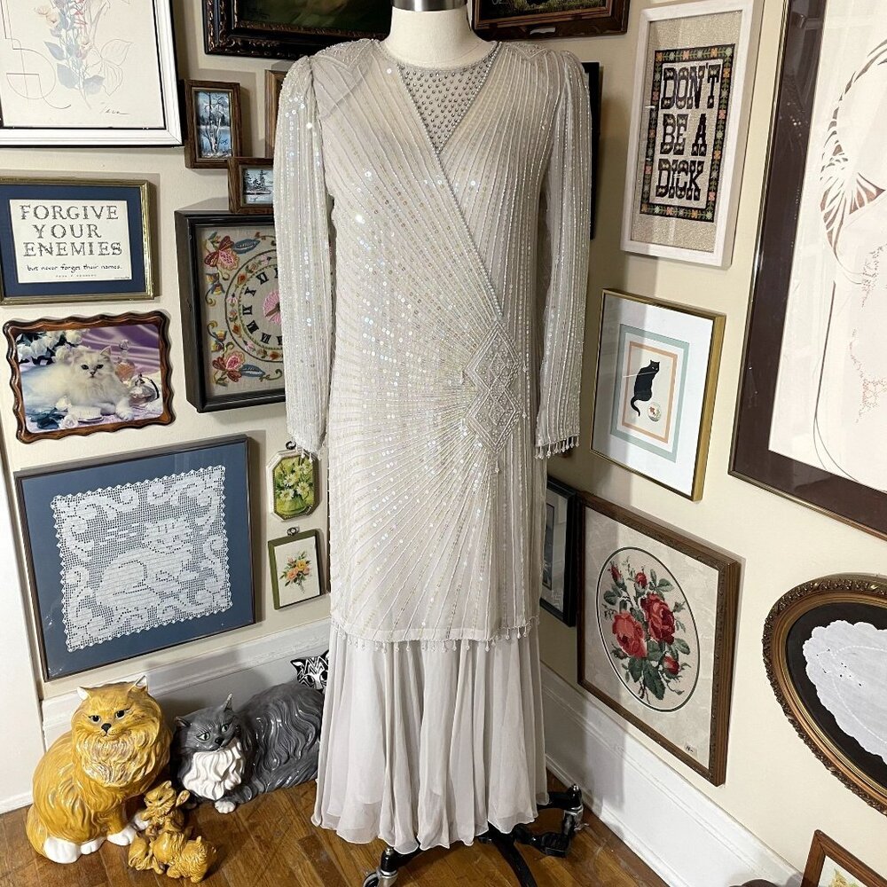 90s Vintage Oleg Cassini Long Sleeve Sequin and Bead Covered Silk Gown Size 14